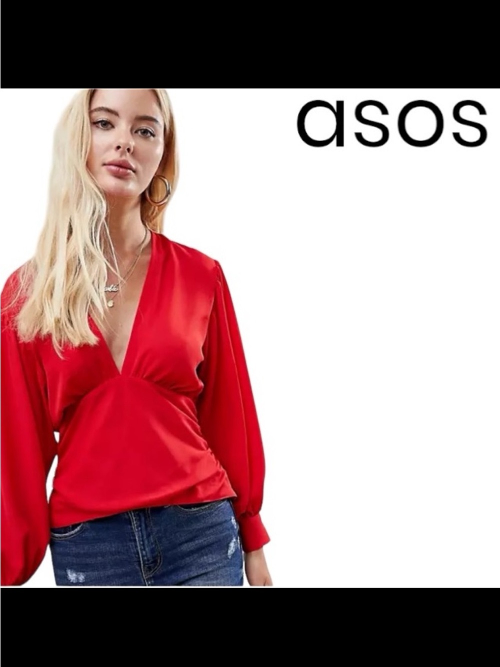Asos Red Deep V Neck Top Sz 6 Volume Long Sleeves Open Keyhole Back
